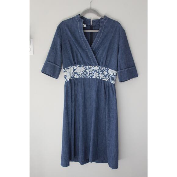 Vintage Denim Midi Dress with V Neck and Floral Waist - Picture 1 of 8